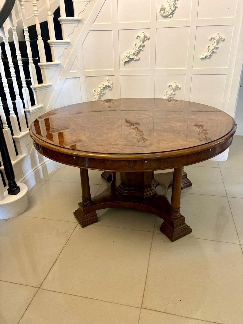 Antique Exceptional Quality Burr Walnut Circular Extending Dining Table Seating 10 with Radial Leaves & Matching Burr Walnut Leaf Holder - Image 26
